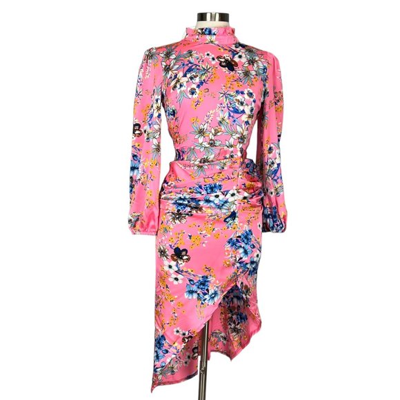 Boohoo Floral Print High Neck Ruched Midi Dress Blush Pink Satin size 10 - Picture 5 of 16